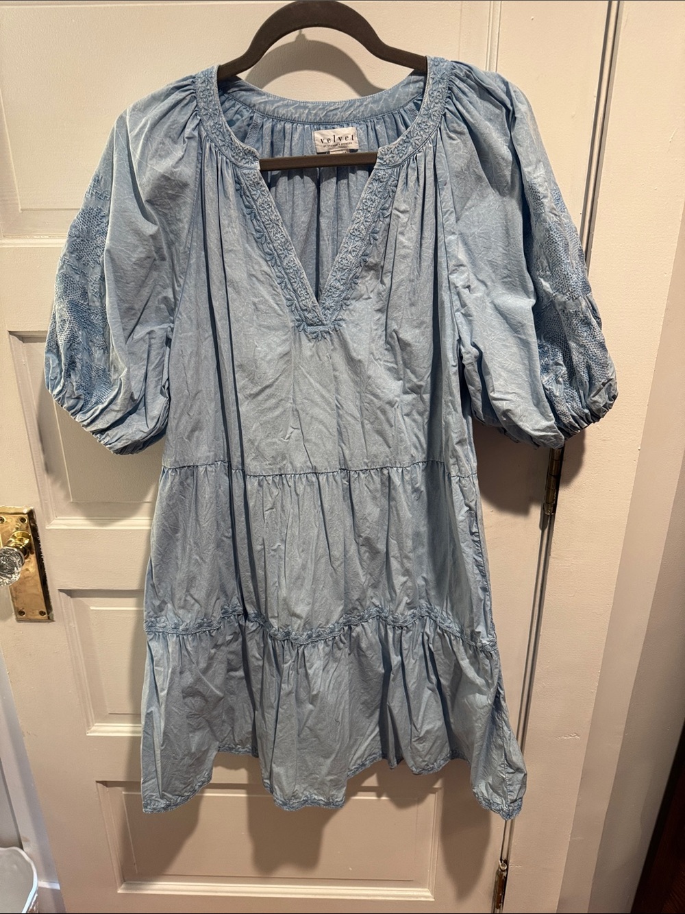 Velvet by Graham & Spencer Light Blue Tiered Embroidered Puff-Sleeve Dress